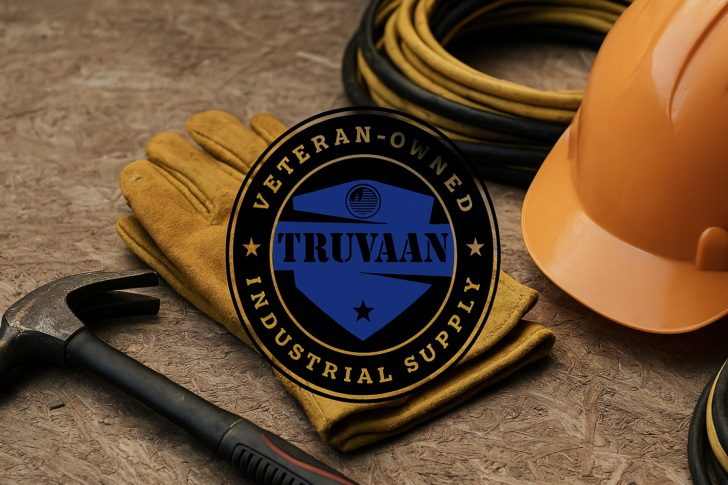 Hard hat, gloves, hammer, and coiled cable on a textured surface with Truvaan logo.